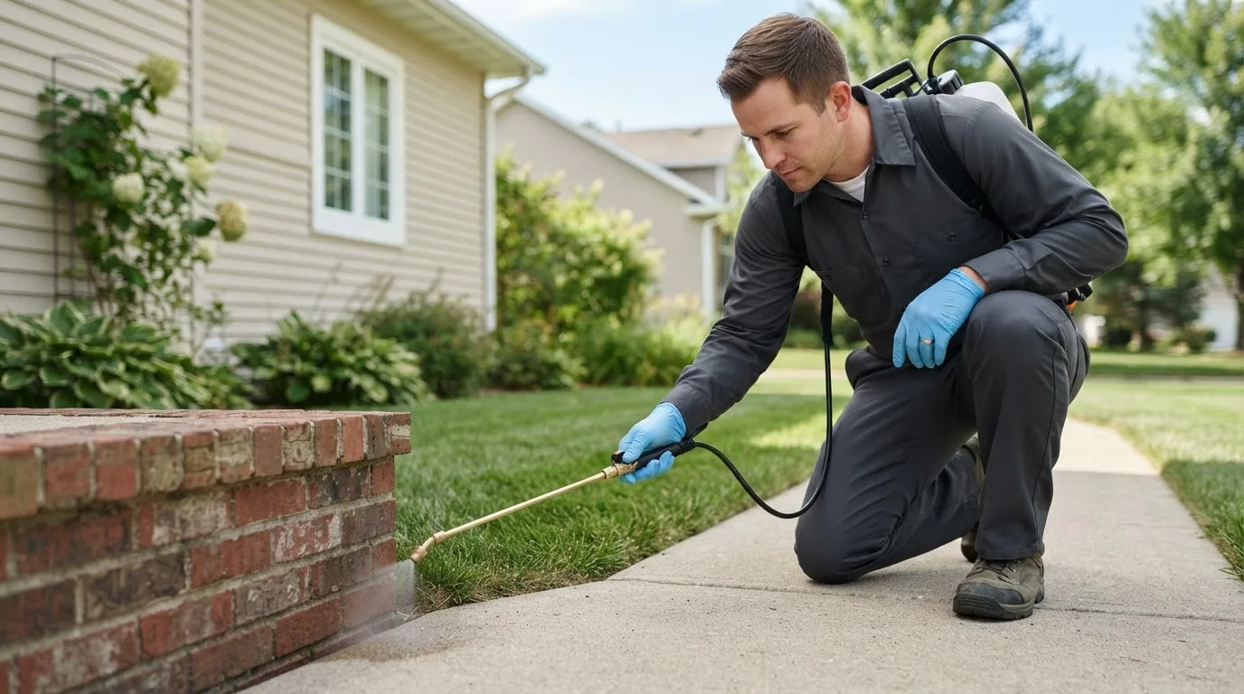 Pest control technician treating a home near Orwell, VT